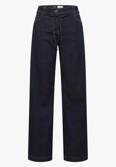 Dunkelblaue Jeans mit weitem Bein und geradem Schnitt, schlichtes Design.