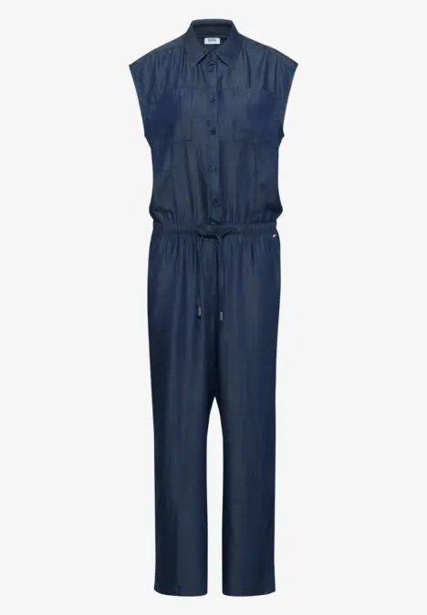 Ärmelloser Jeans-Jumpsuit mit losem Sitz und Tunnelzug in dunklem Denim.