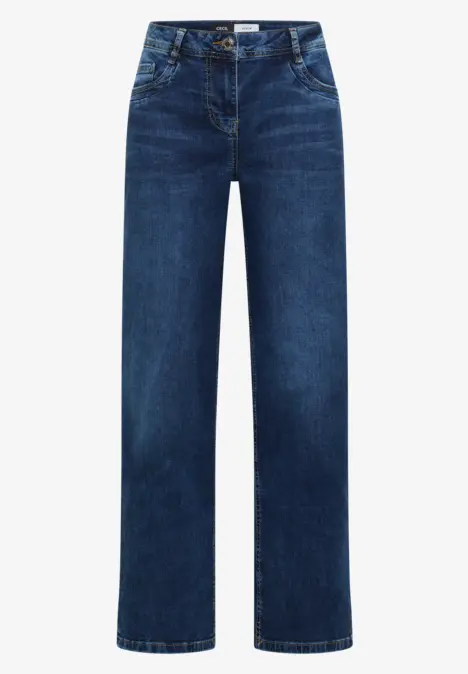 Dunkelblaue, gerade geschnittene Jeans mit fünf Taschen und Knopf- sowie Reißverschluss.