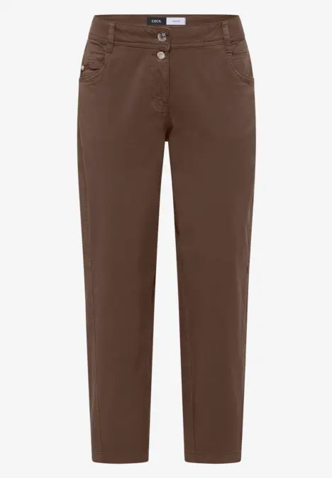 Braune, knöchellange Damenhose mit schlanker Passform und fünf Taschen.