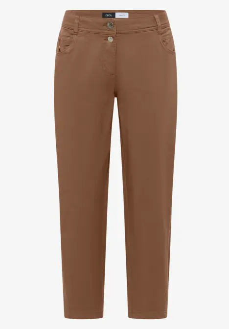 Braune Damenhose in schmaler Passform mit geradem Bein und Knopfverschluss.