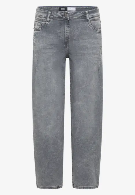 Graue Jeans mit geradem Schnitt, hoher Taille und fünf Taschen.