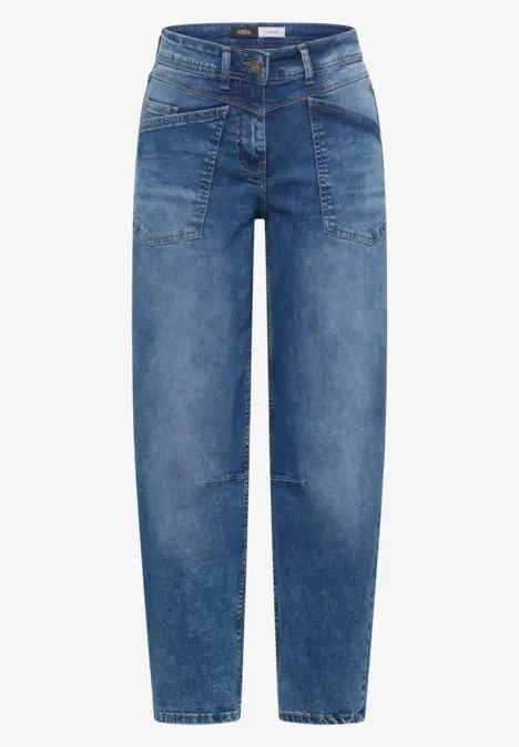 Loszittende blauwe jeans met hoge taille, opgestikte zakken en rechte pijpen.