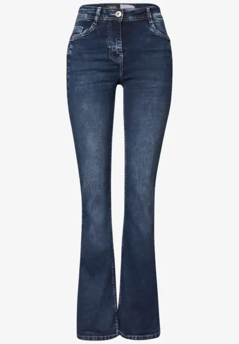 Donkerblauwe flared jeans met hoge taille en licht uitlopende pijpen.