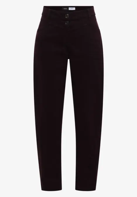 Hoch geschnittene, dunkelbraune Cordhose mit geradem Bein