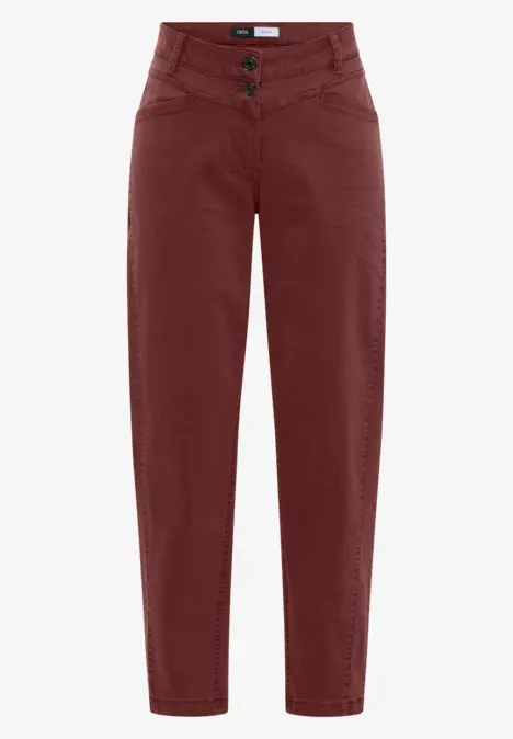 Hoch taillierte Damenhose in Bordeaux mit geradem Bein und zweifachem Knopfverschluss.