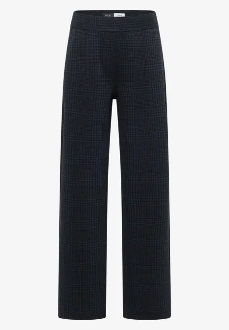 Pantalon mi-large bleu foncé à motif carreaux subtils, jambe large et taille élastique