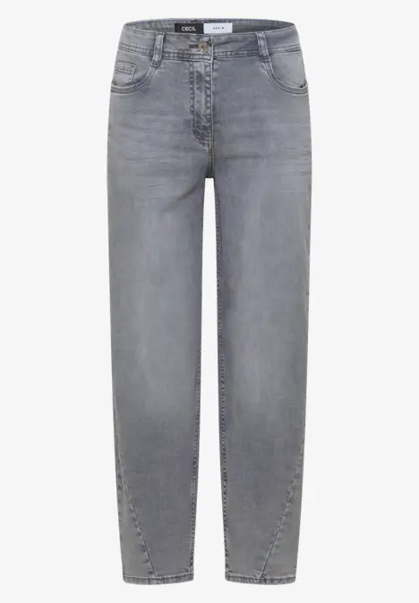 Ein Paar hellgraue Jeans mit Reißverschluss und Knopf, geradem Schnitt und fünf Taschen.