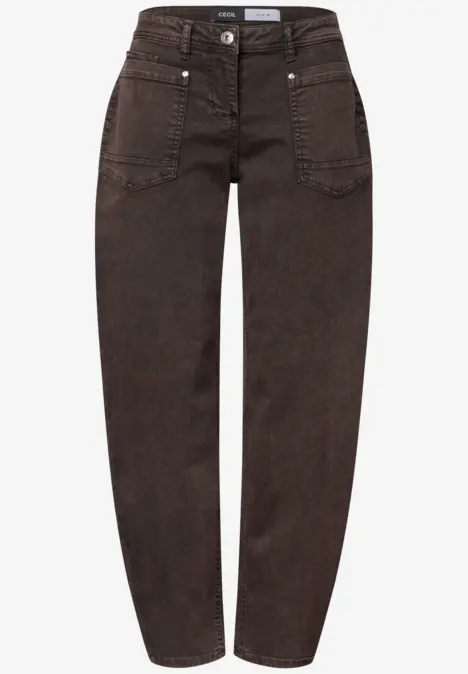 Dunkelbraune Jeans mit hoher Taille und geradem Schnitt.