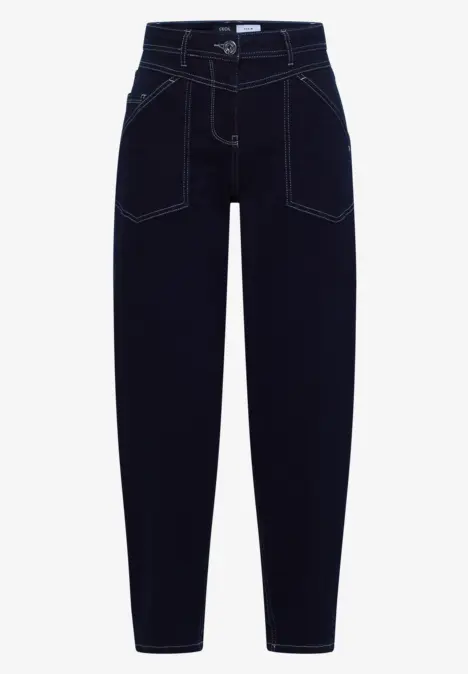 Dunkelblaue Jeanshose mit weißer Steppnaht und hoher Taille