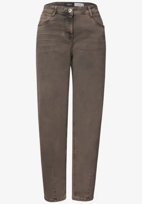 Jean brun taille haute, coupe droite, fermeture à bouton et poches latérales