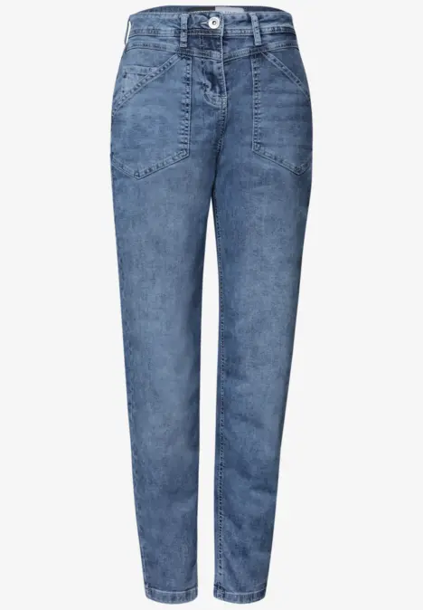 Blaue Jeanshose mit hoher Taille und leicht geradem Schnitt, Vorder- und Gesäßtaschen.
