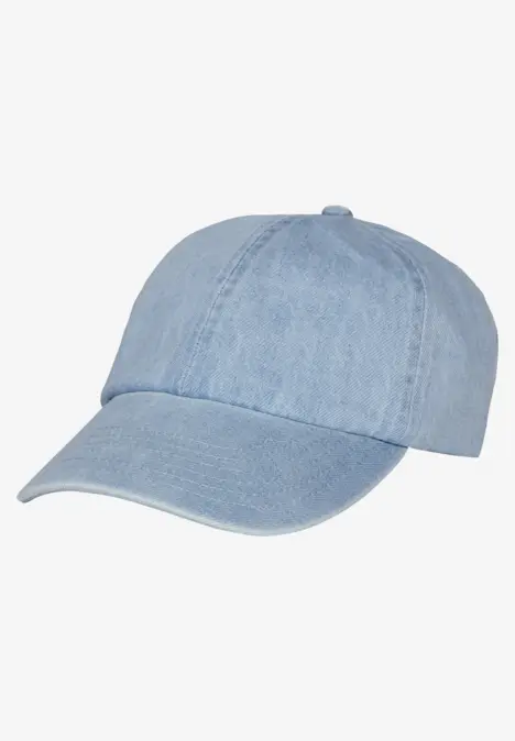 Eine helle Jeans-Basecap mit gebogenem Schirm.