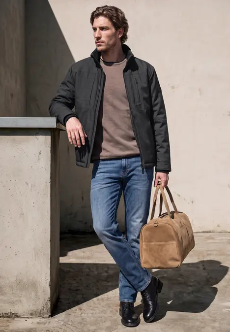 Ein Mann in Freizeitkleidung mit Jacke, Jeans und Reisetasche steht lässig vor einer hellen Wand.
