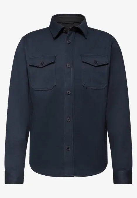 Donkerblauw overshirt met kraag, lange mouwen, twee borstzakken en knoopsluiting.