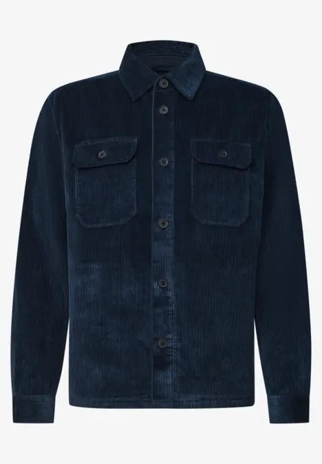 Donkerblauw corduroy overshirt met knopen en borstzakken.