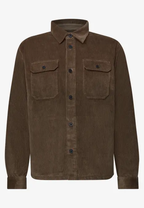 Bruin corduroy overhemd met lange mouwen, knoopsluiting en twee borstzakken.