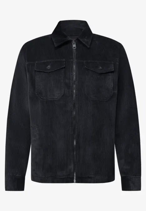 Zwarte corduroy jas met rits, klassieke kraag en borstzakken, strak en tijdloos ontwerp.
