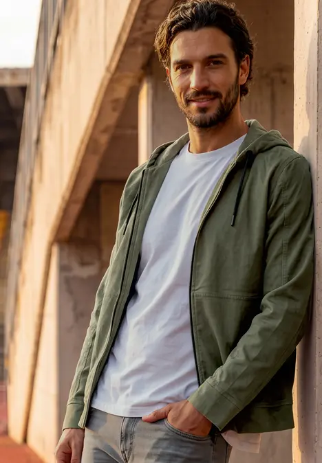 Ein lächelnder Mann in grüner Jacke lehnt entspannt an einer sonnigen Betonwand.