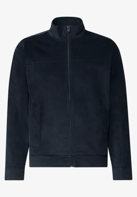 Dunkelblaue Fleecejacke mit durchgehendem Reißverschluss, Stehkragen und praktischen Seitentaschen.