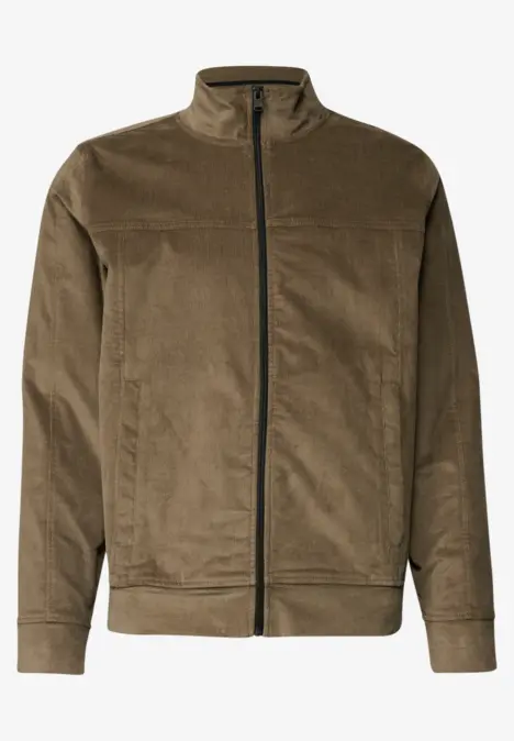 Klassische olivgrüne Cordjacke mit Stehkragen und Reißverschluss, lange Ärmel, gerade Passform.