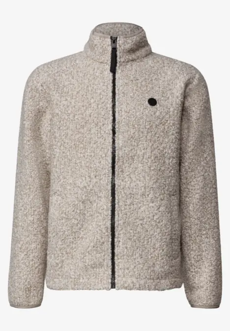 Veste en polaire beige à col montant, fermeture zippée et petit logo rond.