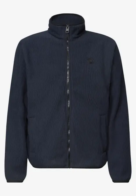 Dunkelblaue Fleecejacke mit Stehkragen, durchgehendem Reißverschluss und seitlichen Taschen.
