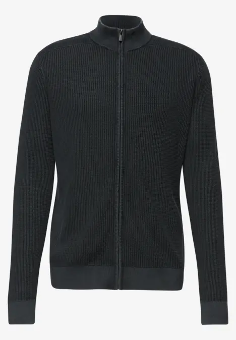 Schwarze Strickjacke mit durchgehendem Reißverschluss und Stehkragen, schlicht und minimalistisch.