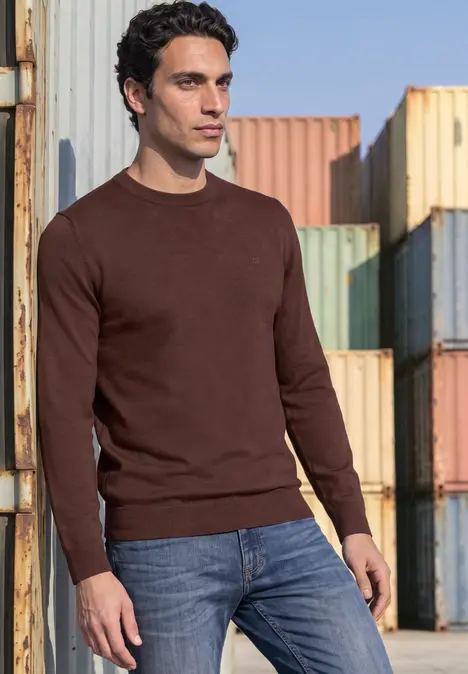 Ein Mann in braunem Pullover und Jeans steht vor bunten Containerstapeln in einem Industriehafen.