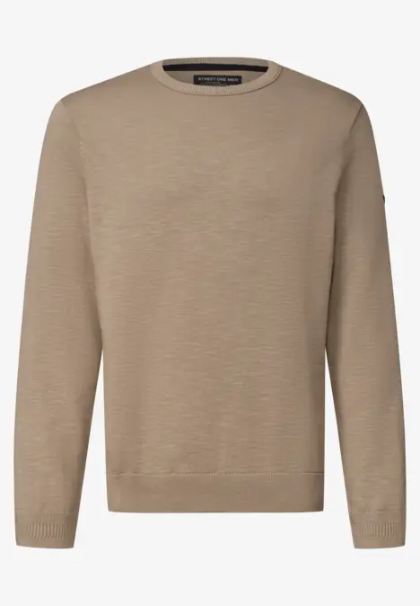Beige, lange mouwen trui met ronde hals, fijngebreid en tijdloos.