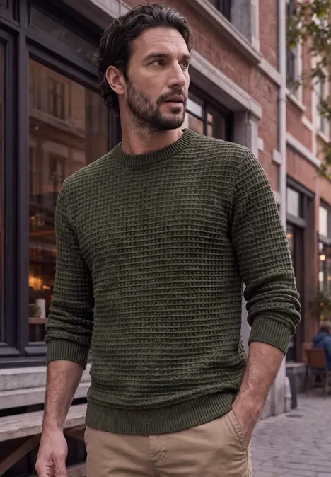 Ein Mann in olivgrünem Strickpullover steht mit Händen in den Taschen auf Kopfsteinpflasterstraße.