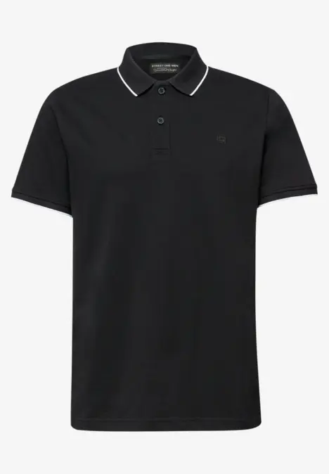 Zwart poloshirt met korte mouwen, knoopsluiting en subtiele witte bies bij de kraag.