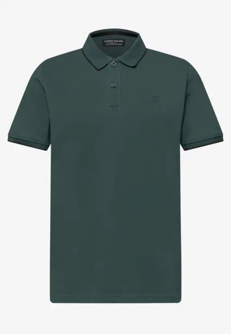 Dunkelgrünes Kurzarm-Poloshirt mit Kragen und Knopfleiste.