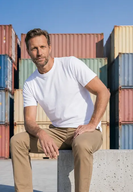 Een man in een wit T-shirt en beige broek zit op een betonnen blok voor gekleurde containers.