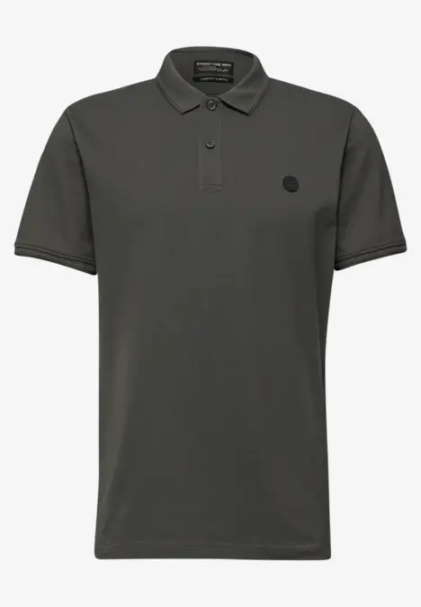 Dunkelgraues Polohemd mit kurzen Ärmeln, Kragen und kleinem Logo auf der Brust