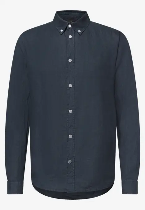 Ein dunkelblaues Leinenhemd mit Knopfleiste und Button-Down-Kragen.
