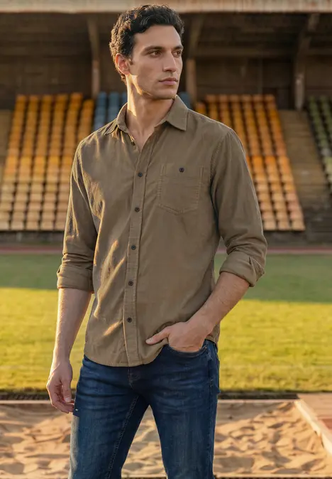 Ein junger Mann in braunem Hemd und Jeans steht auf einem Sportplatz vor leeren Tribünen.