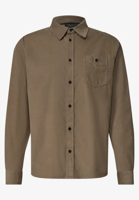 Kaki blouse met lange mouwen, klassieke kraag, borstzak en bijpassende knoopsluiting.