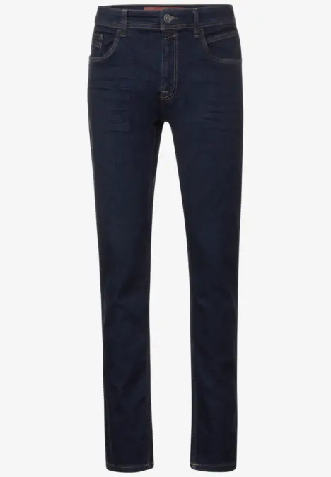 Dunkelblaue Jeanshose mit geradem Schnitt und Taschen.