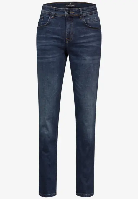 Dunkelblaue Jeanshose mit geradem Schnitt und fünf Taschen.