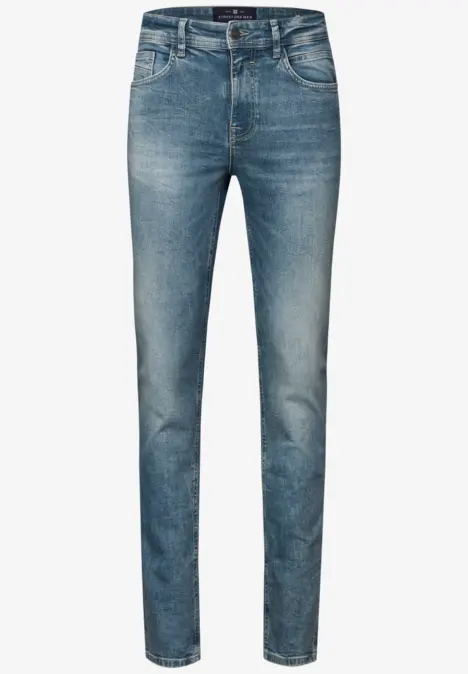 Blaue Jeans mit klassischem Schnitt und dezentem Used-Look.