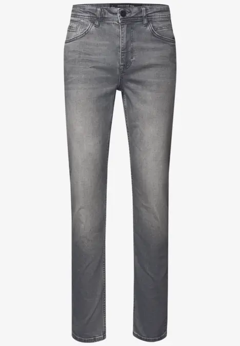 Graue Jeanshose mit geradem Schnitt und fünf Taschen.