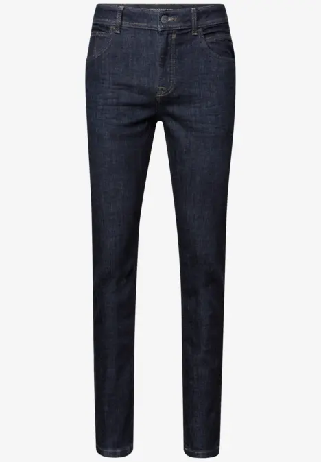 Dunkelblaue Jeanshose mit geradem Schnitt und fünf Taschen.