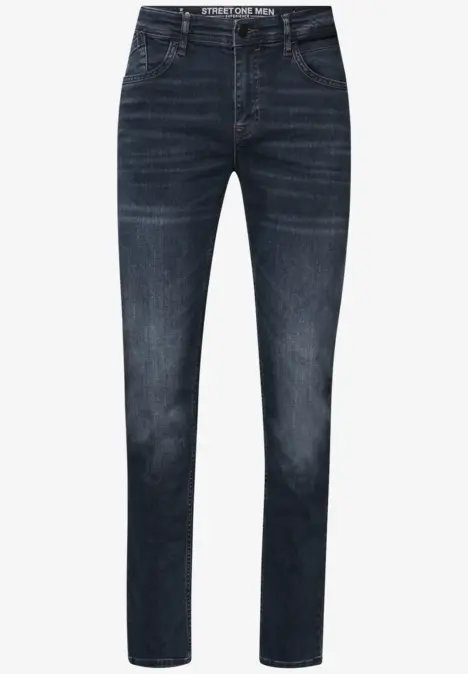 Dunkelblaue Jeanshose für Herren, gerader Schnitt, dezente Waschung.