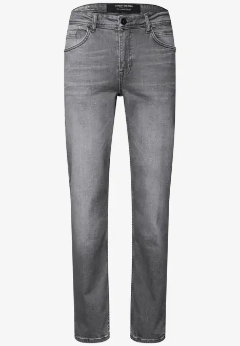 Graue Jeanshose mit geradem Schnitt und fünf Taschen.
