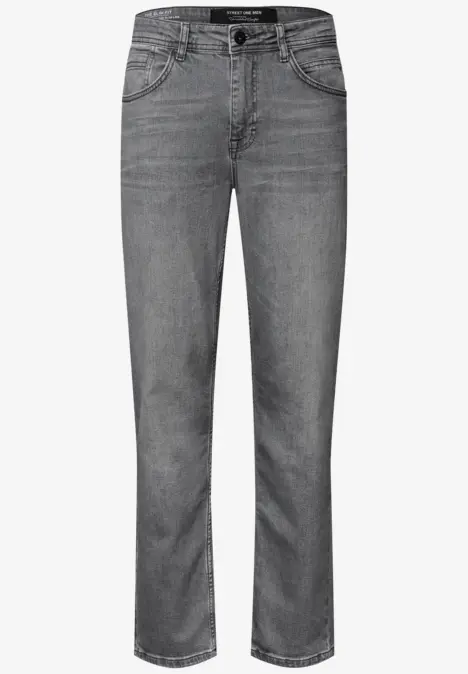 Graue Jeanshose mit geradem Schnitt und klassischen Taschen.