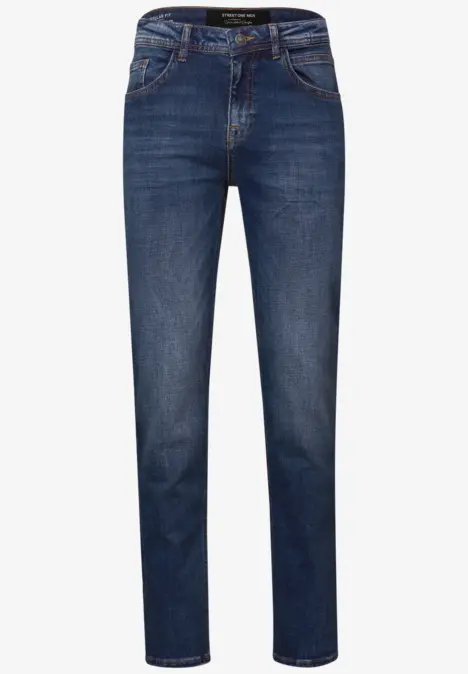 Dunkelblaue Jeanshose mit geradem Schnitt und fünf Taschen.