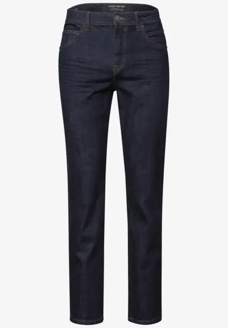 Dunkelblaue Jeanshose mit geradem Schnitt und fünf Taschen.