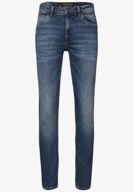 Blaue Jeanshose mit schmalem Schnitt und fünf Taschen.