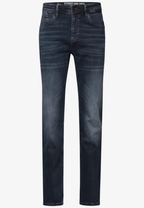 Dunkelblaue Jeanshose mit geradem Schnitt und fünf Taschen.